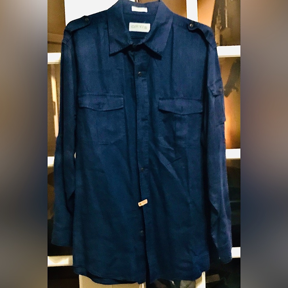 ORVIS- 100% deep blue  linen. Worn once then professionally dry cleaned. XL